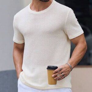 Manfinity VCAY Mens Beige Solid Waffle Knit Tee, Large, EUC